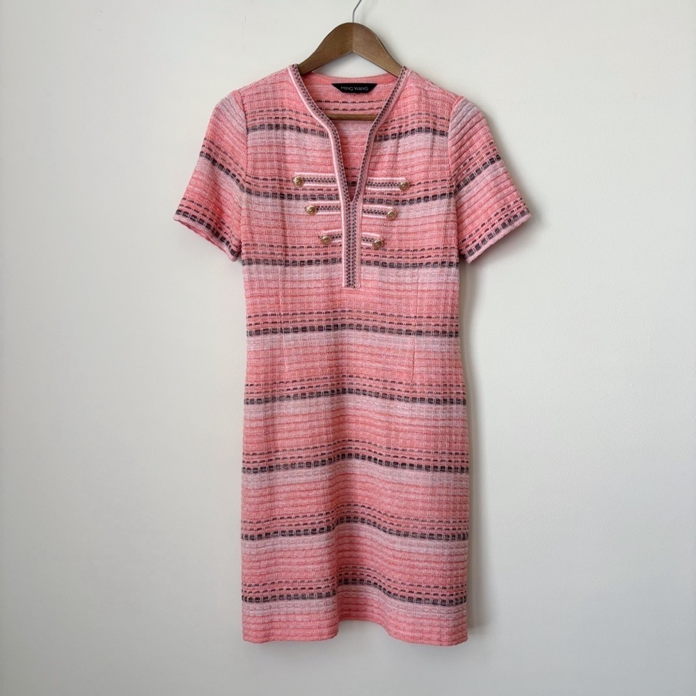 Ming Wang Pink Textured Knit Sheath Dress Small Quiet Luxury